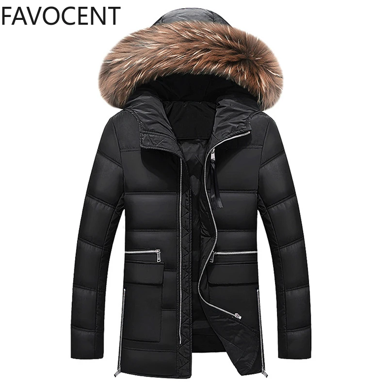 Мужская длинная куртка на утином пуху с капюшоном и большим воротником из