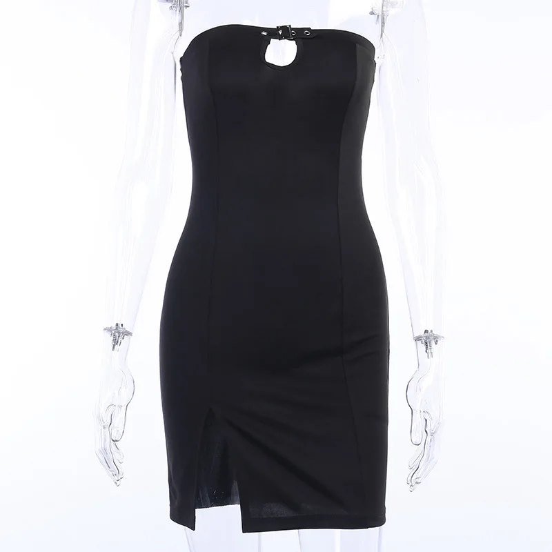 

Sexy Mini Dress Gothic Vintage Slit Bodycon Women Black Dress Streetwear Hollow Out Sleeveless Dresses