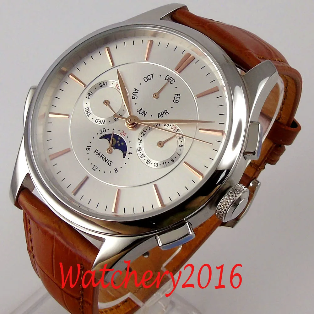 44 мм Parnis белые автоматические часы мужские полированные даты день Луна фаза Роза