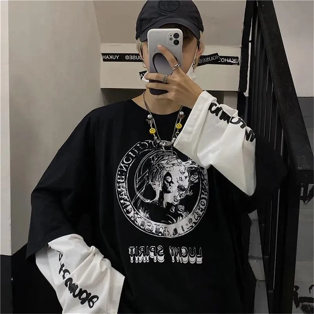

Black Cool T Shirt Streetwear Patchwork Tshirt Harajuku Summer Tops Tees Spring Long Sleeve High Street Loose Japan T-Shirt Male