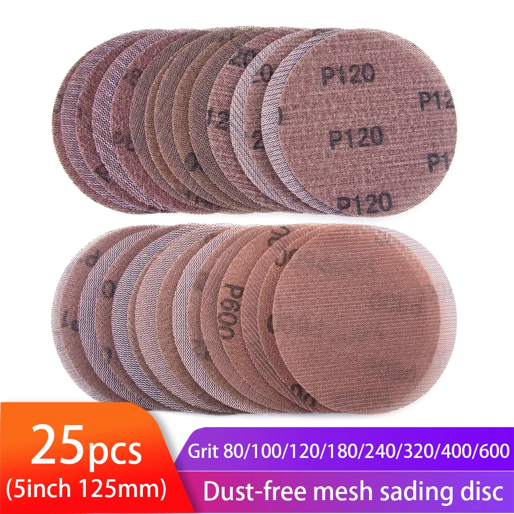 25pcs 5inch 125mm Mesh Sanding Discs Hook & Loop Abrasive Du