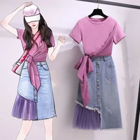 summer korean two piece set for women cotton lace bow top and mesh patchwork denim skirt set sweat women cloth