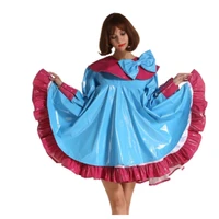 big cute bow sissy lockable pvc dress costume for crossdresser cosplay maid costume blue and red stitched large skirt