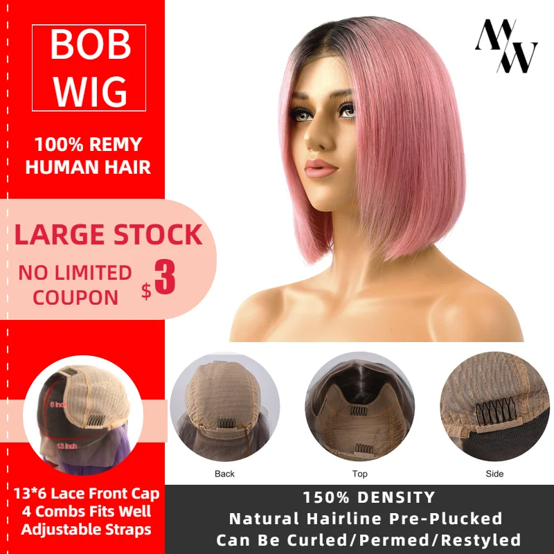 

MW Short Rainbow Bob Wigs Remy Human Hair Half Lace Wig For Women 10 inches 25cm FedEx Free Shipping