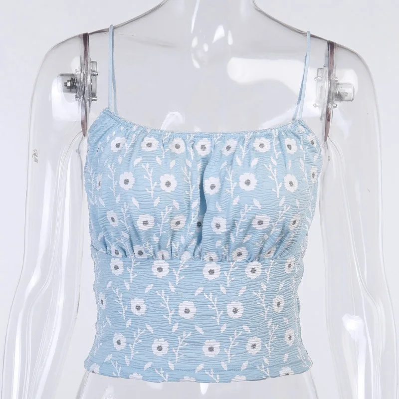 

Y2K Cute Crop Cami Top Women Sexy Spaghetti Strap Sleeveless Floral Print Smocked Tank Top Vintage Female Boh Tops Camisole