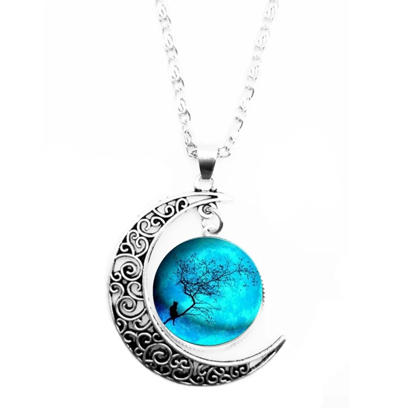 2019 New Retro Fascinating Life Tree and Cat Glass Round Moon Necklace Men's Women's Jewelry | Украшения и аксессуары
