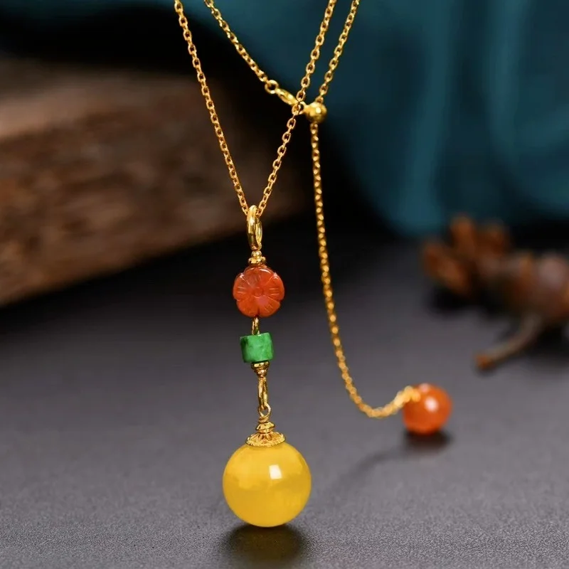

Natural Beeswax Pendant Necklace for Women Girls Jadeite Sterling Silver Thick Plated 18KGold Jewelry Adjustable Hypoallergenic