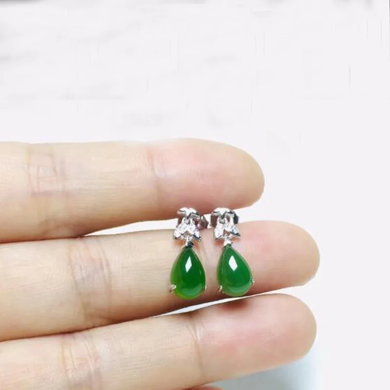 NOT FAKE S925 Fine Jewelry Hetian Jasper Water Earrings 925 Sterling Silver Women Handmade emerald green stone | Украшения и