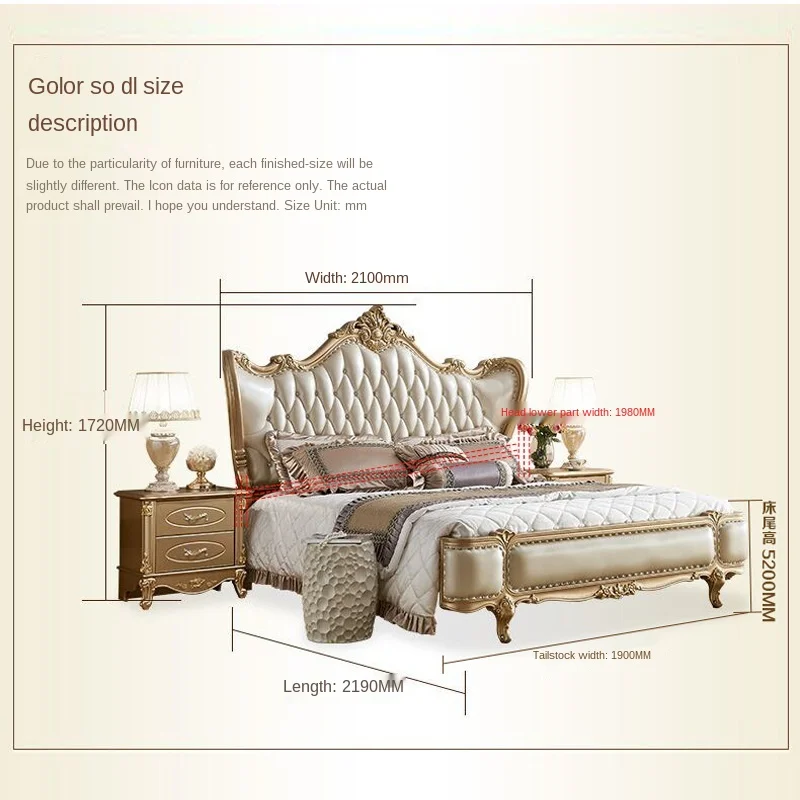 

European style solid wood carving big bed bedroom leather luxury double bed champagne Princess Wedding bed furniture
