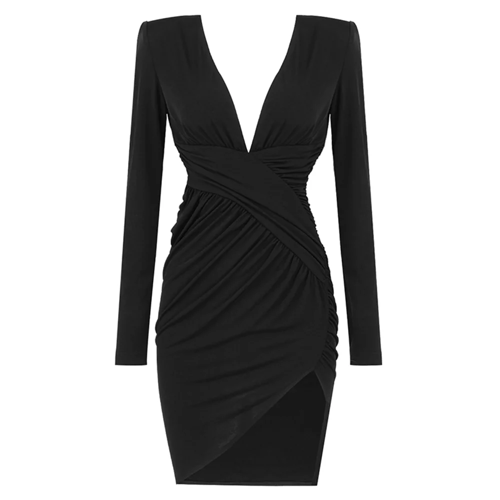 

2021 Spring New Women's Vestidos Black Long-sleeved V-neck Pleated Waist Sexy Fashion Dress Celebrity Runway Party Dresses