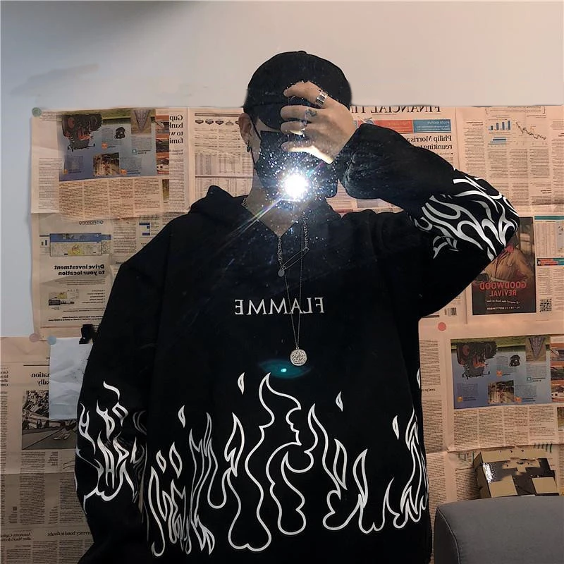 

Women Dark Goth Flame Print Harajuku Portrait Sweatshirt Fleece Travel Winter Loose Korean Hoodie Winter Oversize Punk Hooded