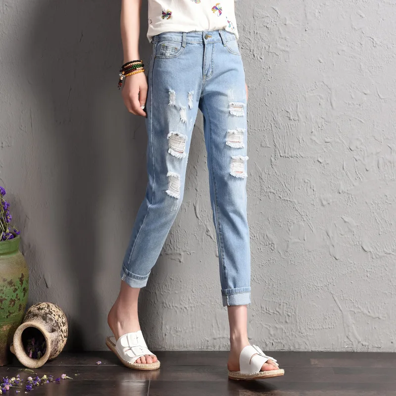 Женские потертые джинсы до щиколотки повседневные свободные рваные размера плюс