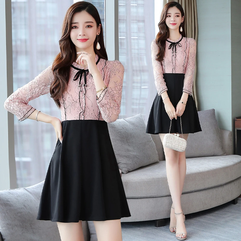 Женское кружевное платье с высокой талией в стиле пэчворк Корейском вечерние