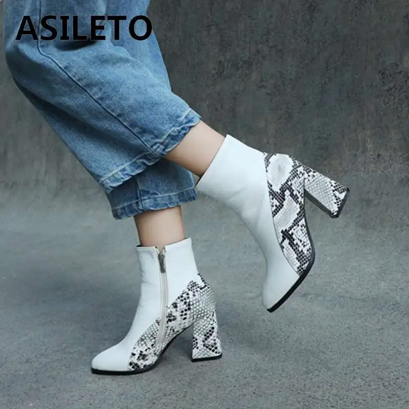 ASILETO/женские осенние ботильоны на молнии высоком квадратном каблуке с острым