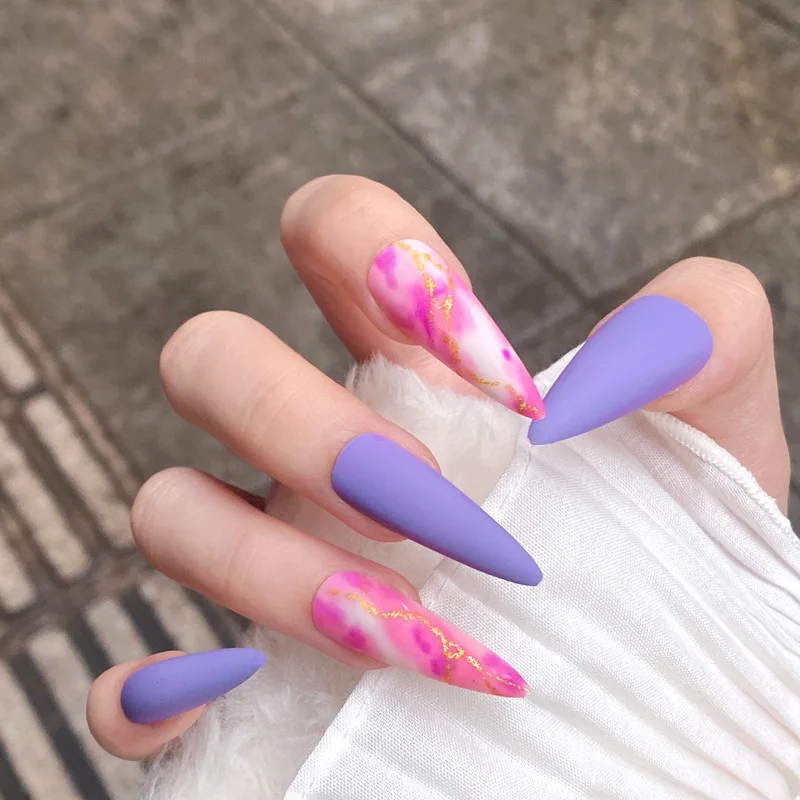 

24pcs/new Packing Long Stiletto Nail Tips Full Cover Detachable Manicure Press on Nails Pink Purple Blooming Design False Nails