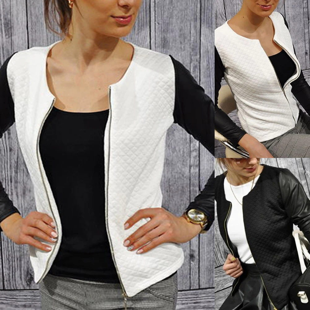 Модная женская куртка из искусственной кожи в стиле пэчворк с длинным рукавом