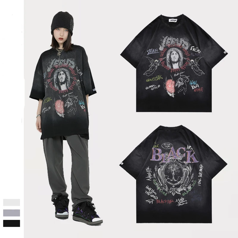 

Retro T Shirt Spring/summer Neutral Short-sleeved T-shirt Men and Women Spray-painted Graffiti Print Loose Oversized T-shirt