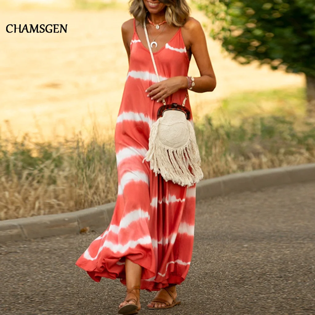 Женские платья в богемном стиле повседневные без рукавов с градиентом полоску v