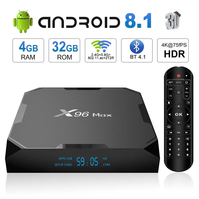 Funfuture X96 Max Смарт ТВ BOX Android 8 1 Amlogic S905X2 LPDDR4GB 64 Гб 4 ядра 2 г/5G Wi Fi BT4.0 1000 м H.265 4K60fps Декодер