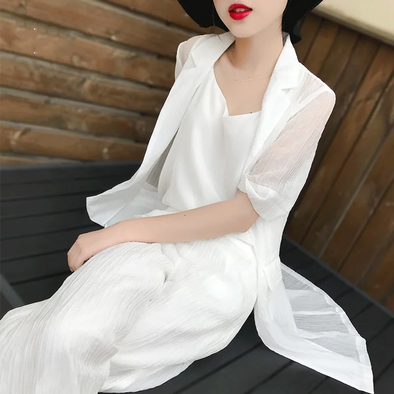 

Women's wear women's suit Three piece set white Elastic waist Summer style medium length fashionable suit coat Wide leg pants