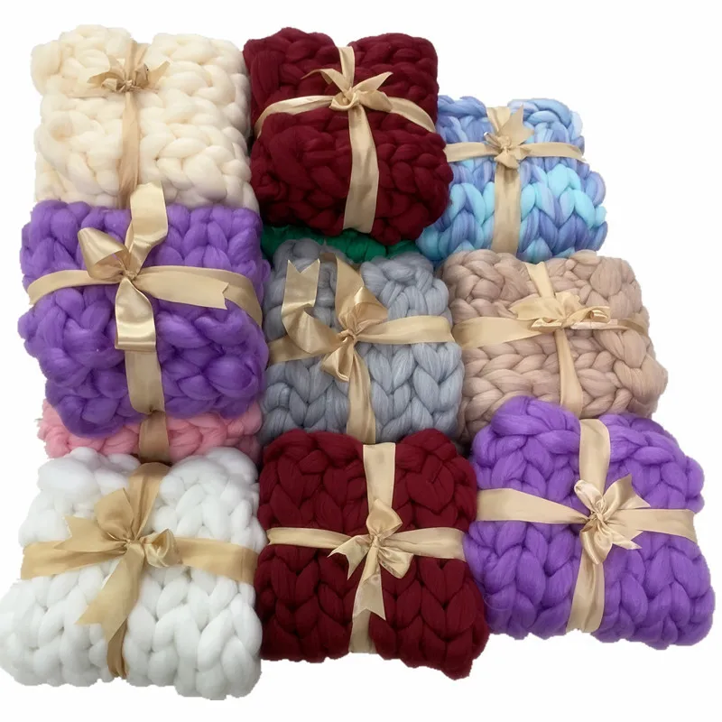 Вязаное одеяло смешанных цветов вязаное из пряжи ручной вязки теплое крупное