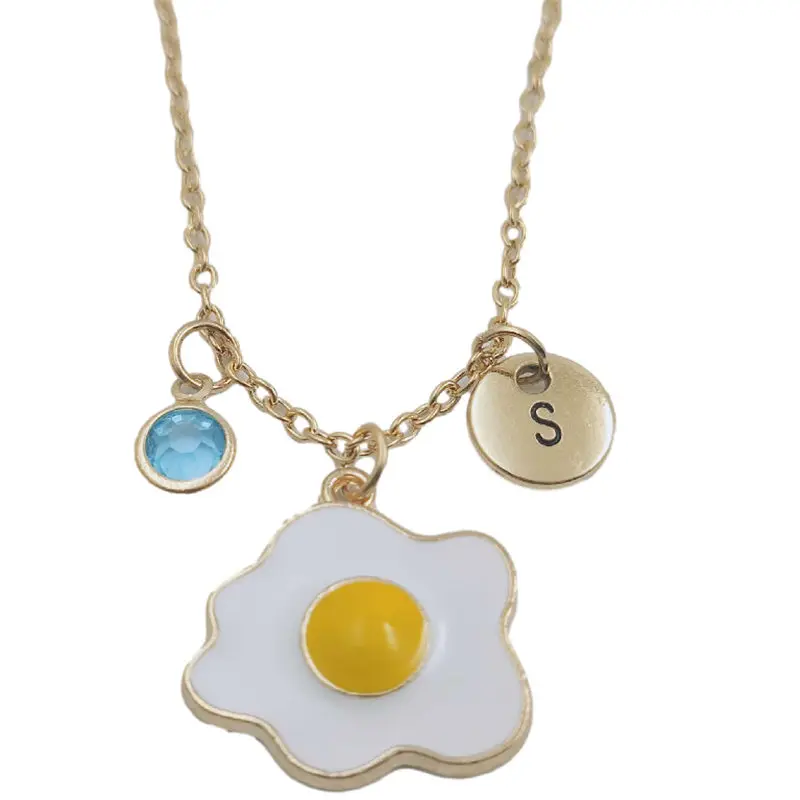 

Poached Egg Omelette Initial Letter Monogram Birthstone Gold Necklace Fashion Jewelry Women Gifts Christmas Accessories Pendant
