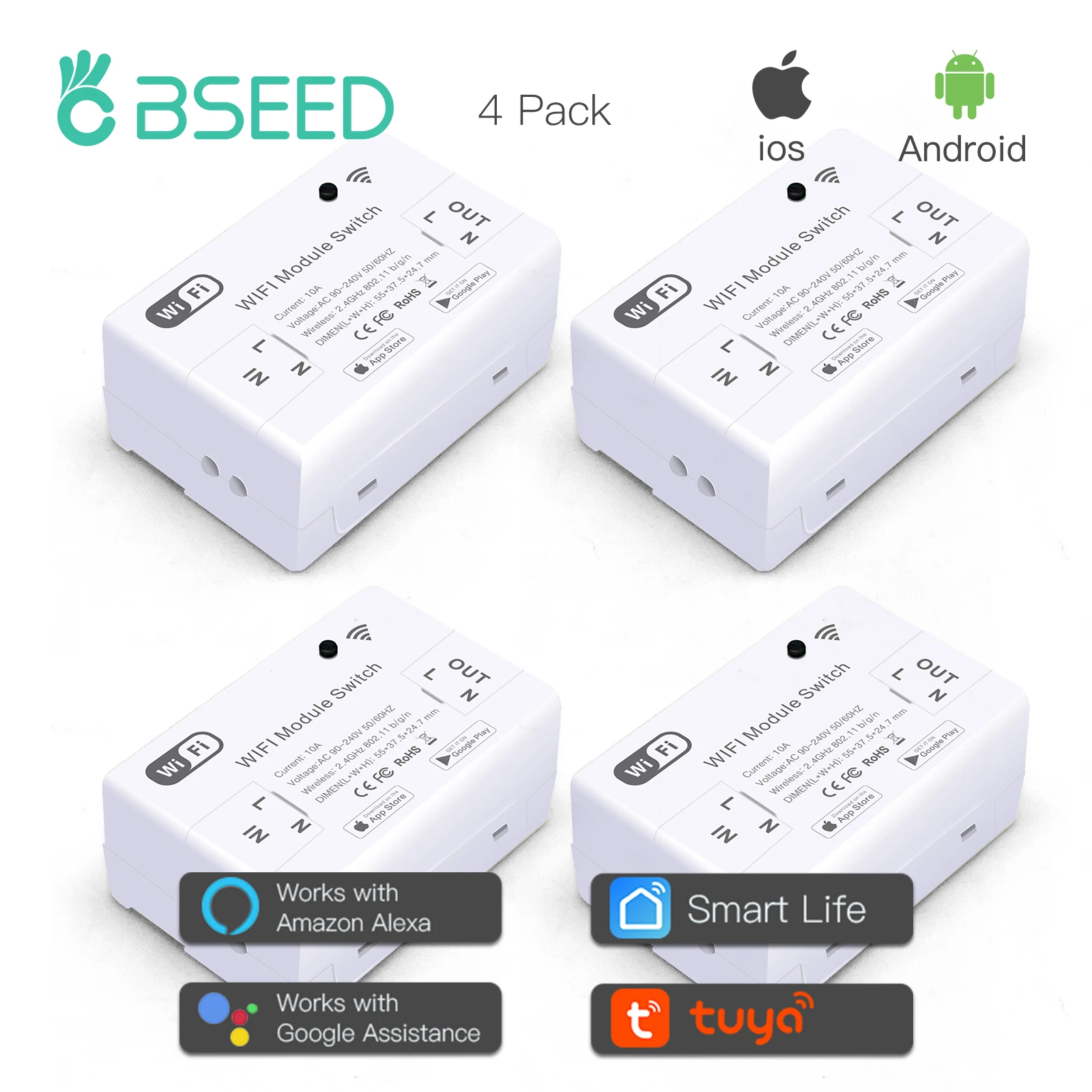 

Смарт-выключатель BSEED с поддержкой Wi-Fi, 4 шт., с голосовым управлением на Alexa, работает через приложение Tuya