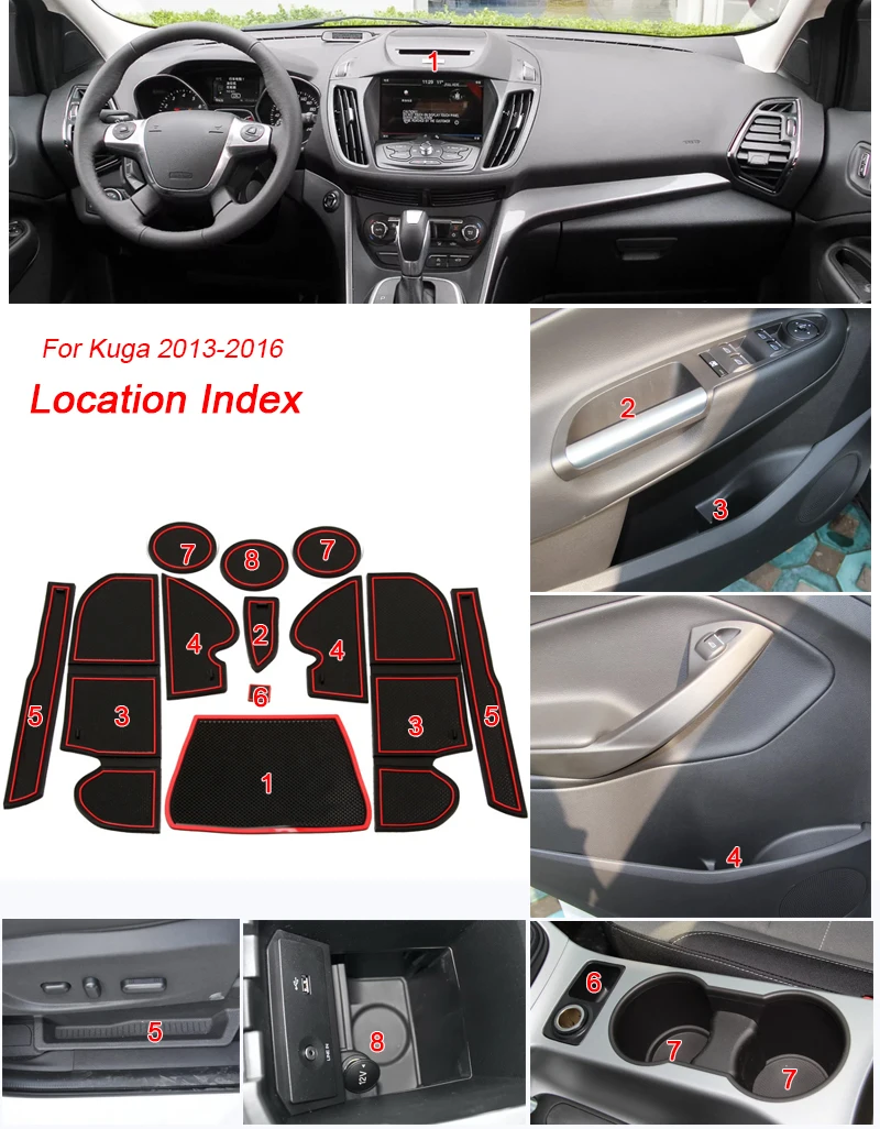 

21pcs Car Styling For Ford Kuga Escape 2013-2019 Latex Gate slot pad Interior Door Groove Mat Non-slip Mat dust Mat Accessory