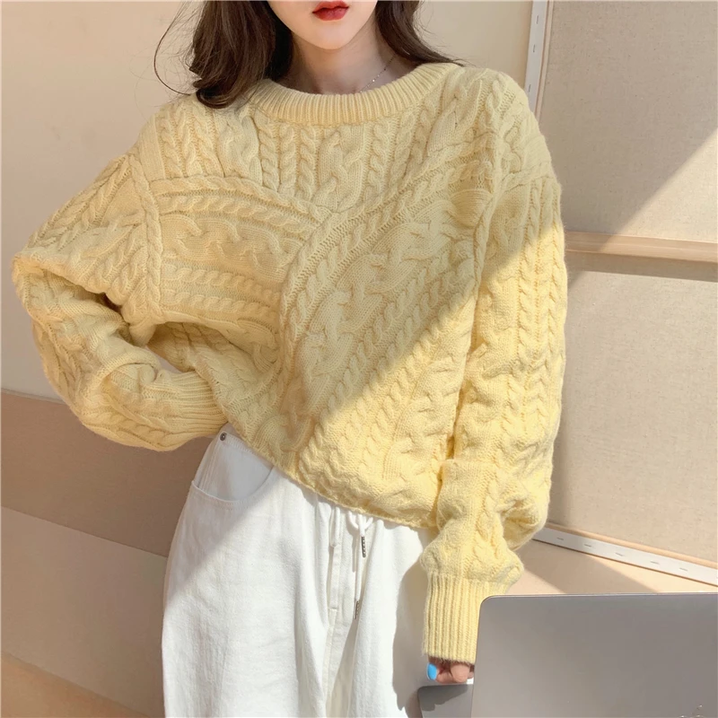 

JSXDHK Women Yellow Knitted Sweater Jumper 2020 New Korean Style Designer Autumn Winter O Neck Long Sleeve Thick Warm Pullovers