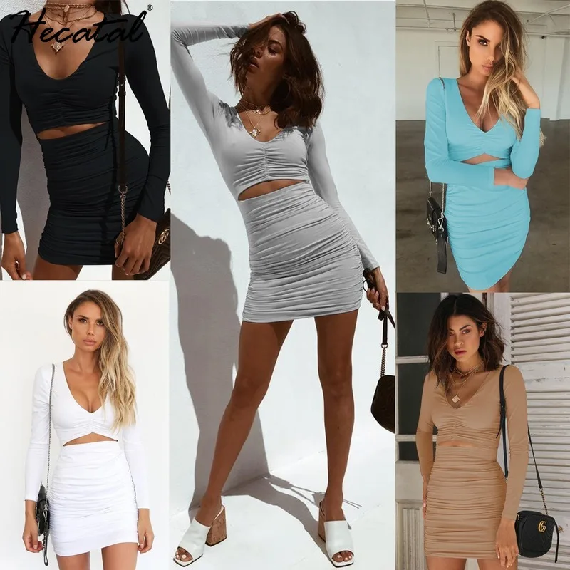 

Женское вечерние нее платье Hecatal, с длинным рукавом, V-образным вырезом, со складками, приталенная юбка на бедрах, весна 2021