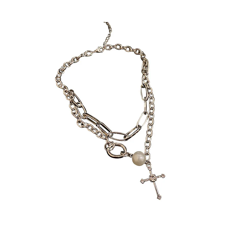 

1pc Fashion Exaggerated Double-layered Pearl Necklace Retro Personality French Sweater Chain Studded Cross Ornaments