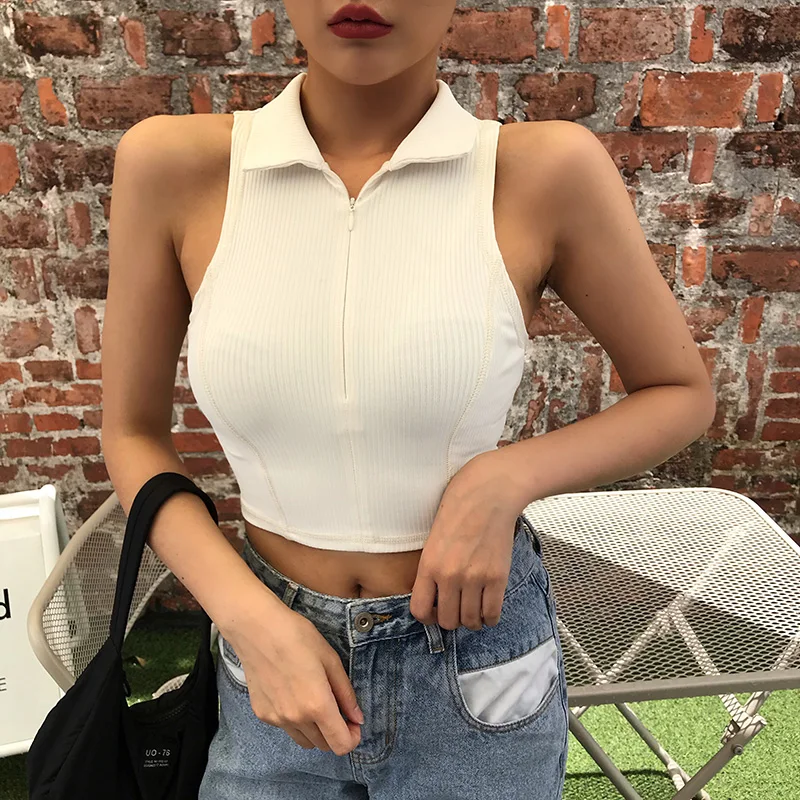 

Women's Turn-down Collar Front Zipper Tank Tops Female Sleeveless Slim Elastic Crop Tops Knitted Cotton Lady Summer Casual Tops