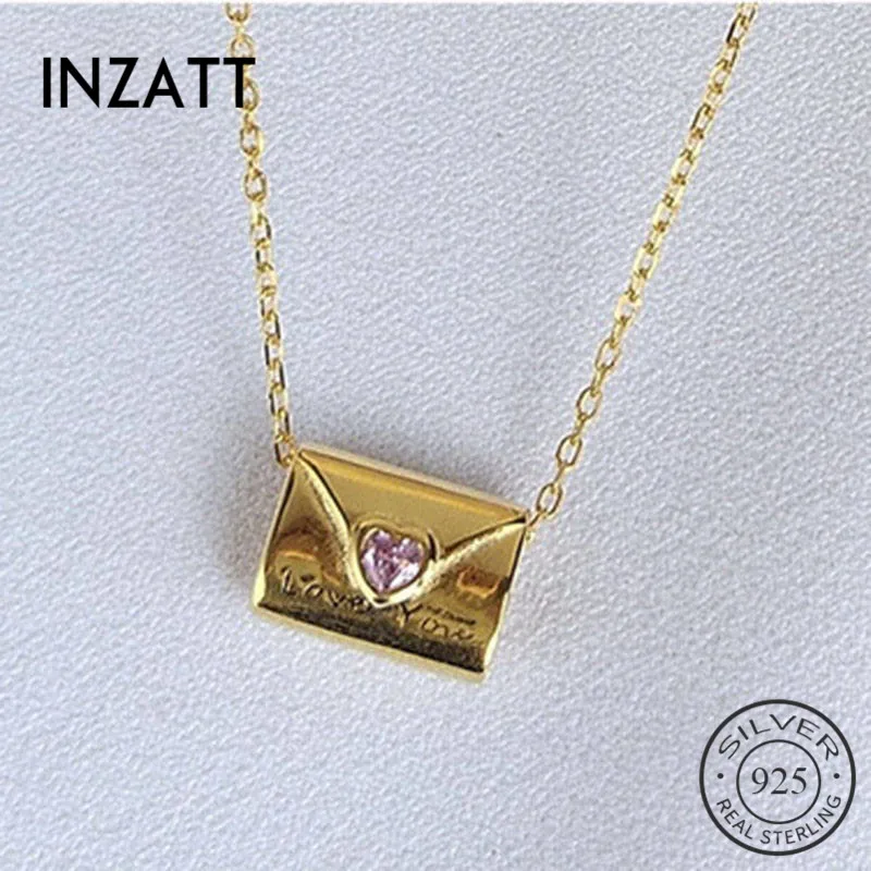 

INZATT Real 925 Sterling Silver Pink Zircon Envelope Choker Necklace For Fashion Women party Fine Jewelry cute Accessories