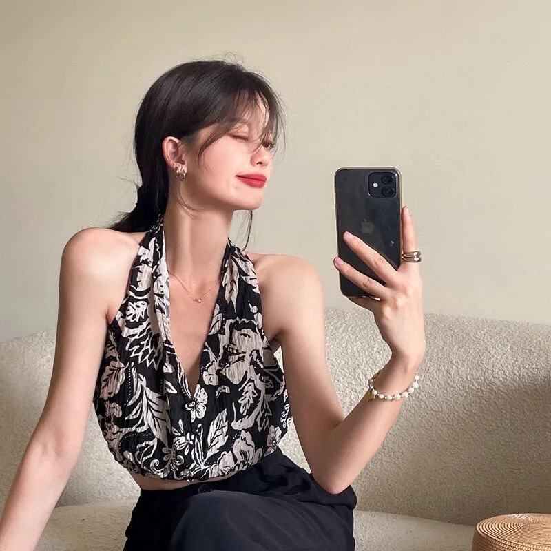 

Sexy Camisole for Women Floral Summer Sleeveless Tank Top V-Neck Backless Vest Fashion Short Comfortable High Quality