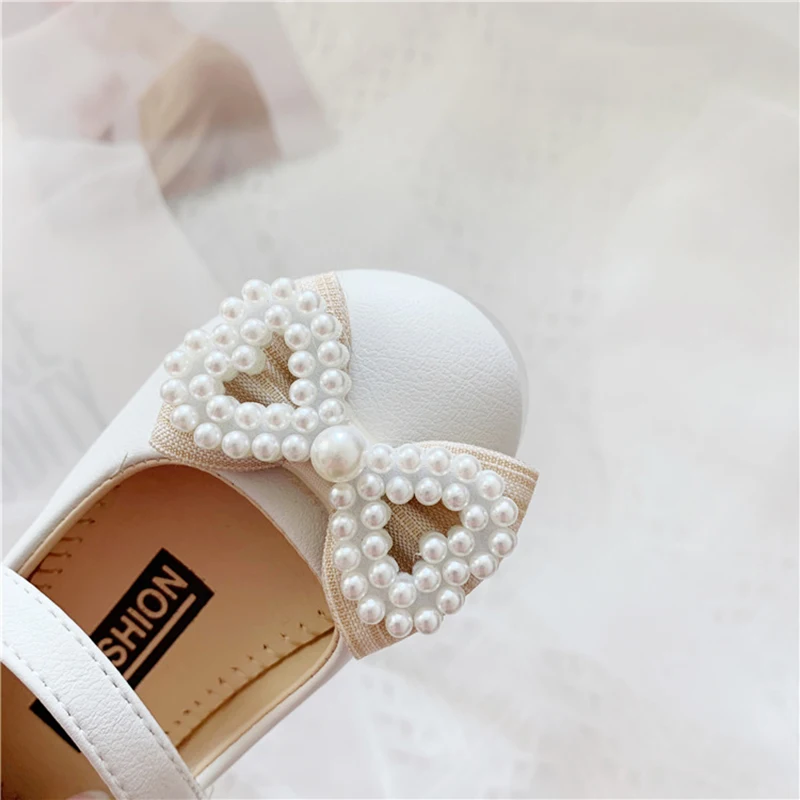 Children White Pearls Crystal Leather Shoes Toddler Girls Kids Baby Bowknot Mary Janes Princess Wedding Party Dress Shoe |