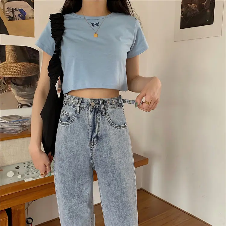 

Summer Korean ins design sense high waist straight jeans women's loose and versatile students show the trend of thin wide leg
