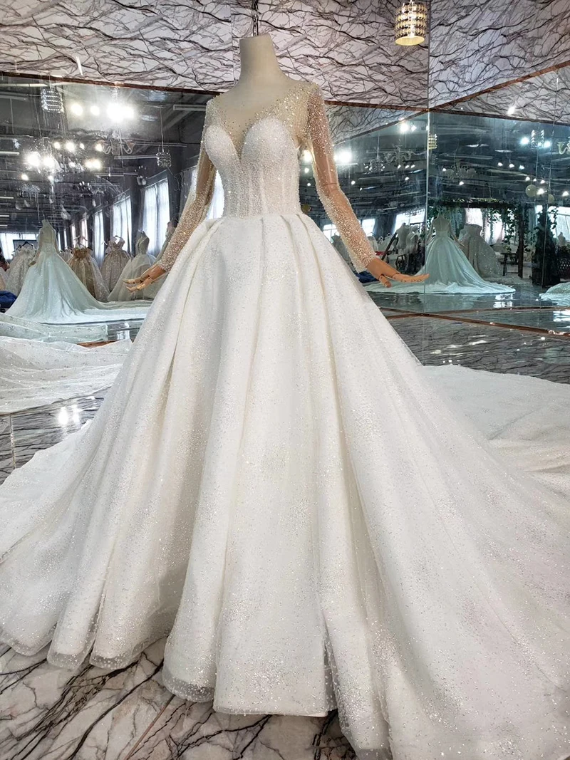 

New Arrival Perspective Crystal Beaded Wedding Dresses Top Buckle Back Long Sleeves Ball-gowns Vesrido De Novia HTL441