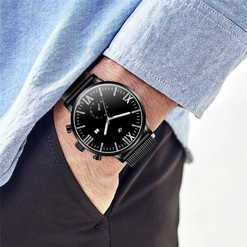 Бизнес Для мужчин часы сплава сетки высокое качество кварцевые римские цифровые