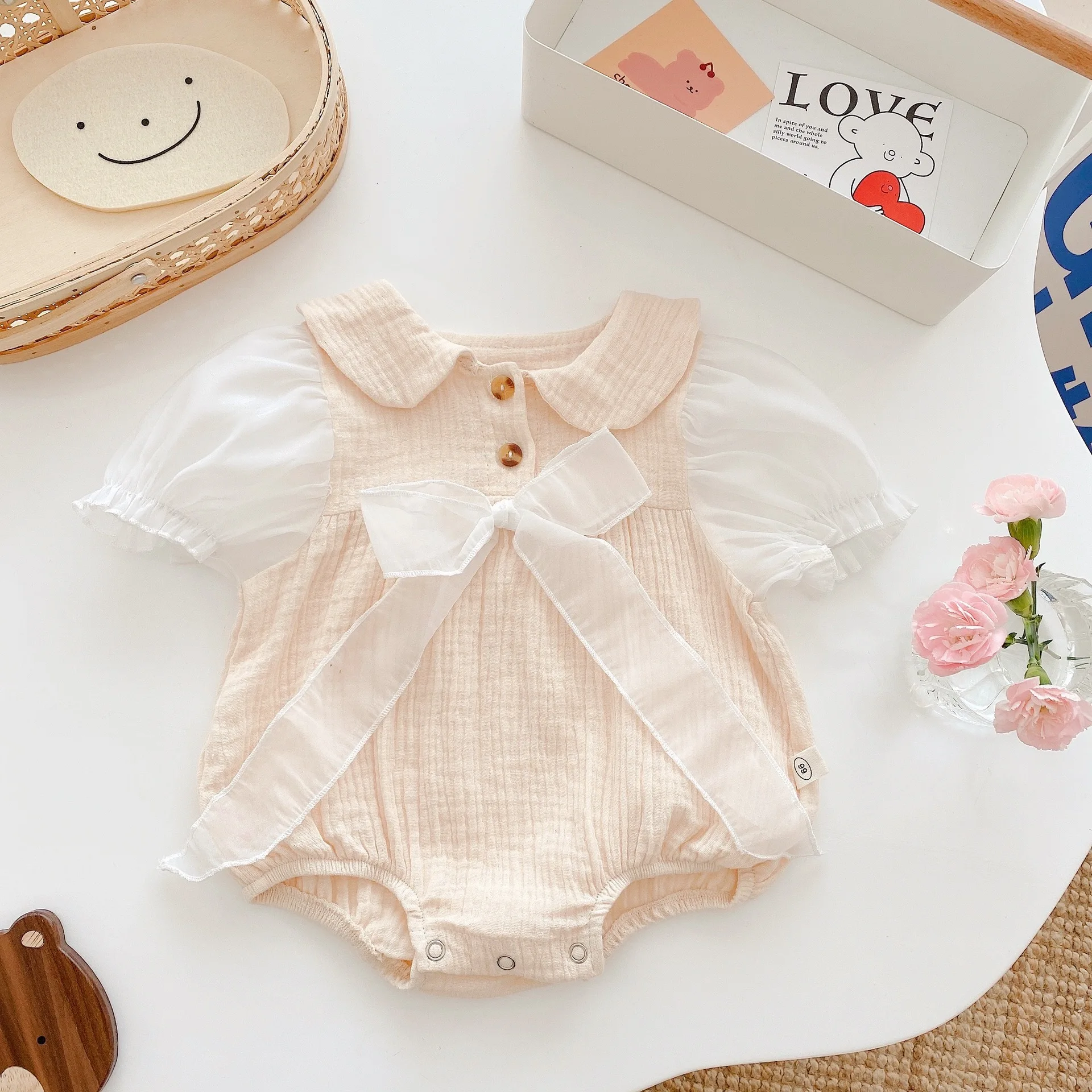 

Комбинезон для девочек 0-24 месяцев, с коротким рукавом, в стиле пэчворк, с воротником «Питер Пэн»