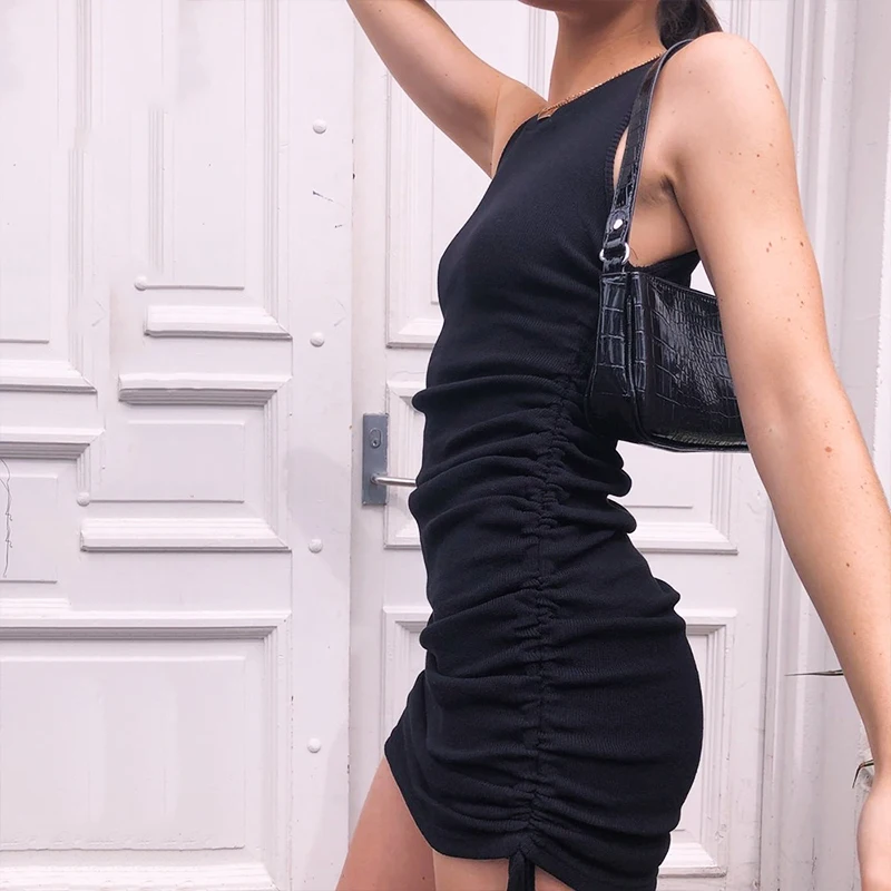 

YUHS Summer Women's 2021 Rib Sleeveless O-Neck Casual Slim Dress Knitted Sexy Party Drawstring Ruched Vest Bag Butt Mini Dress
