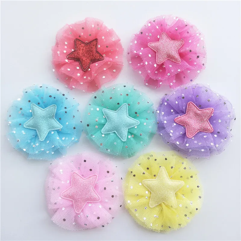 

14pcs 7cm Mesh flower applique for Girls hair clip accessories,DIY Kid patches for Clothing Craft Sticker