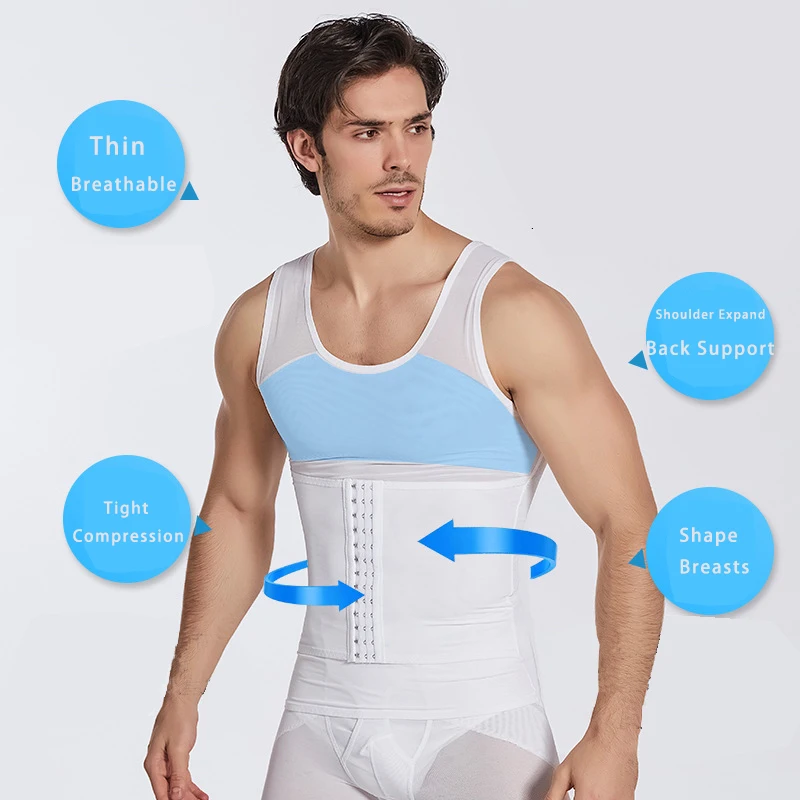 Mens Compression Shirt Slimming Body Shaper Vest Sleeveless Undershirt Tank Top Tummy Control Shapewear for Men Adjustable Hook