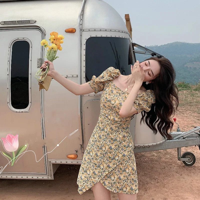 

Women Floral Print Dress Elegant Summer Puff Short Sleeves Popular Asymmetric Slim Fit Square Collar 2 Wear Unique Femme Dresses