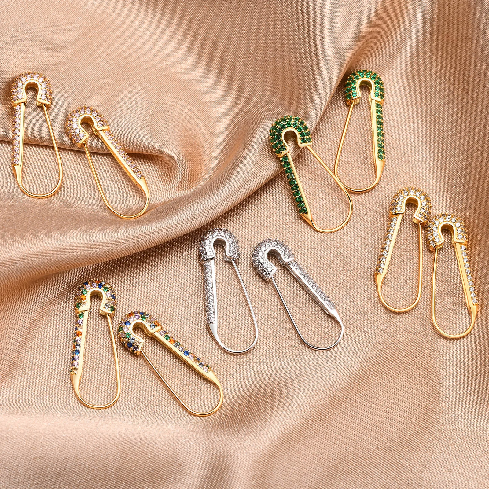 

1 Piece Bling Stones Safety Pin Dangle Earrings for Women Jewelry,Shiny Cubic Zirconia Crystal Drop Huggie Ear Clip Accessory