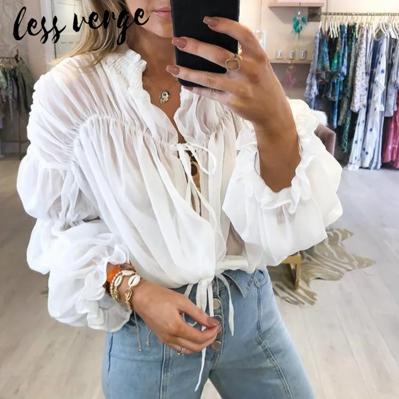 Lessverge элегантная шифоновая Бохо белая блузка рубашки для женщин на шнуровке с