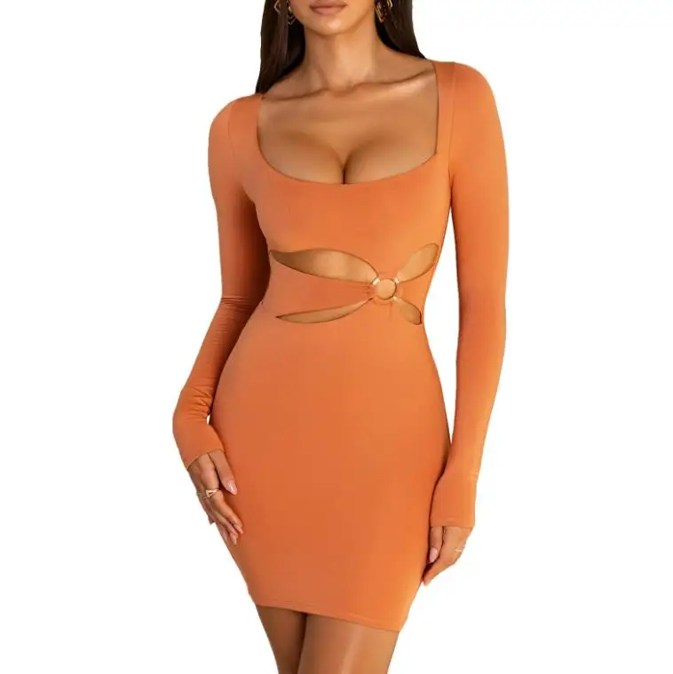 

Платье женское, однотонное, с U-образным воротником, длинным рукавом, абрикосового/оранжевого цветов