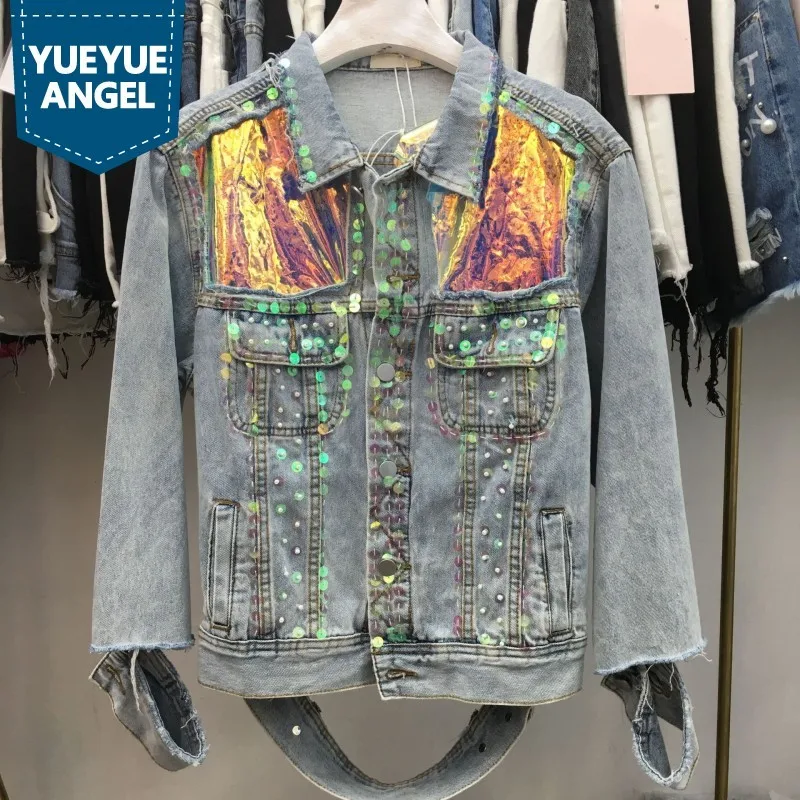 

Personality New Colorful Sequins Embroidered Flares Female Short Coats High Street Cuff Hole Ripped Loose Womens Denim Jackets