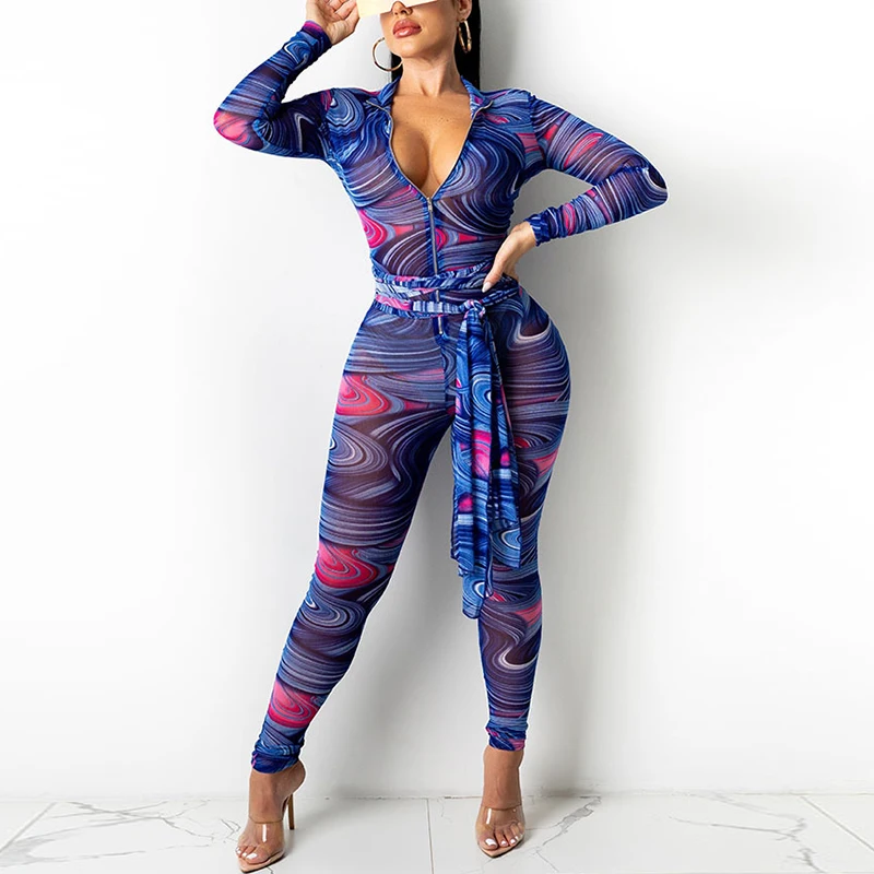 

Casual Belt Long Sleeve Zipper Front Mesh Jumpsuit Sexy deep V neck Slim Party Overalls