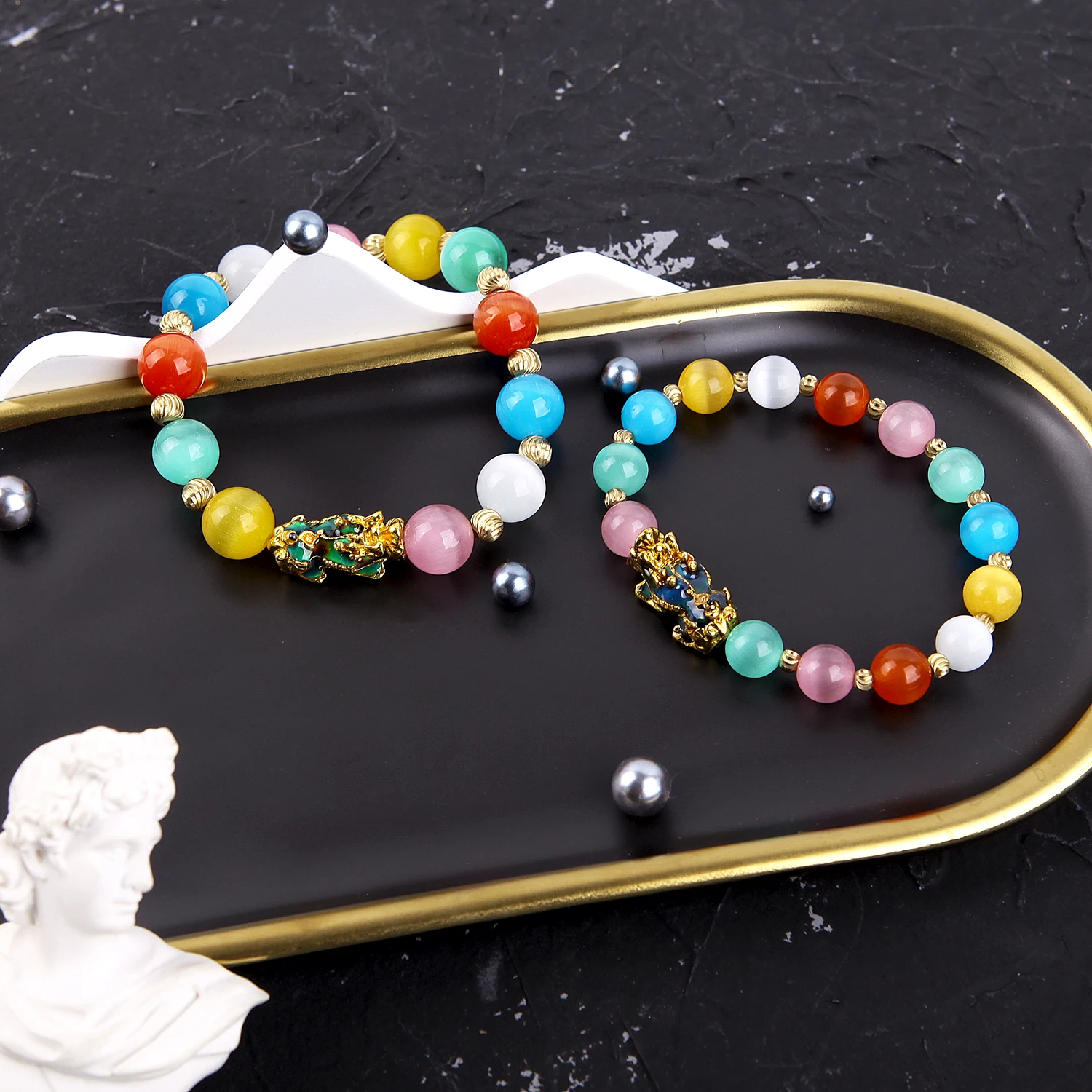 

Thermochromic Feng Shui Buddha Bracelet Golden Piuxiu Charm Bracelet Natual Opals Stone Quartz Crystal Beads Wealth Lucky Unisex