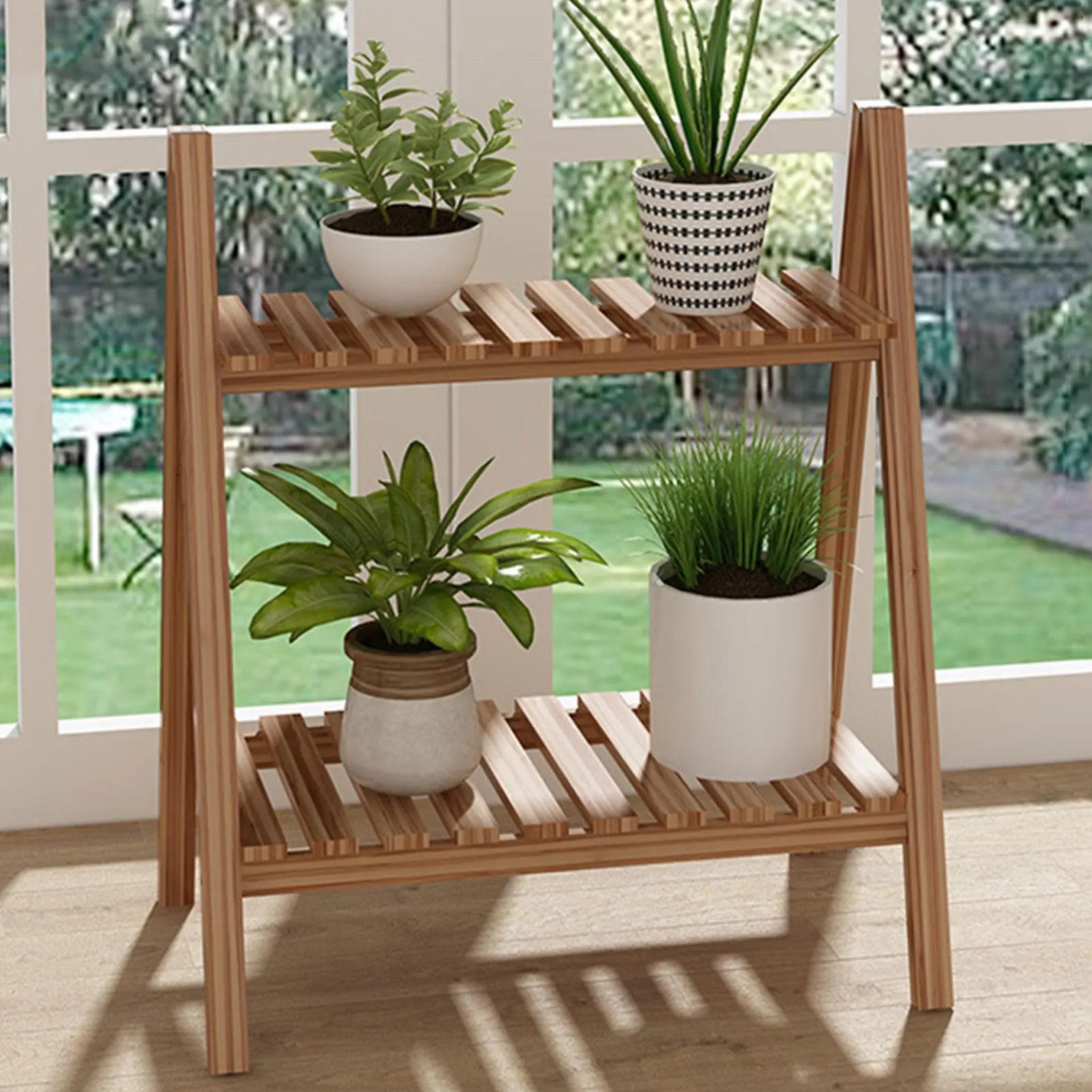 

2 Tier Flower Pot Stands Rack Strong Standing Bonsai Holder Home Garden Indoor Display Plant Stand Shelf Wood Planter Pot Trays